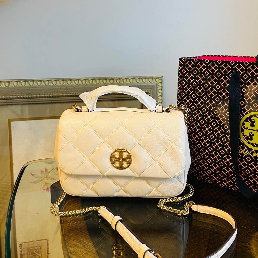 Tory Burch Willa top handle New cream Quilted Crossbody Bag with Gold Hardware